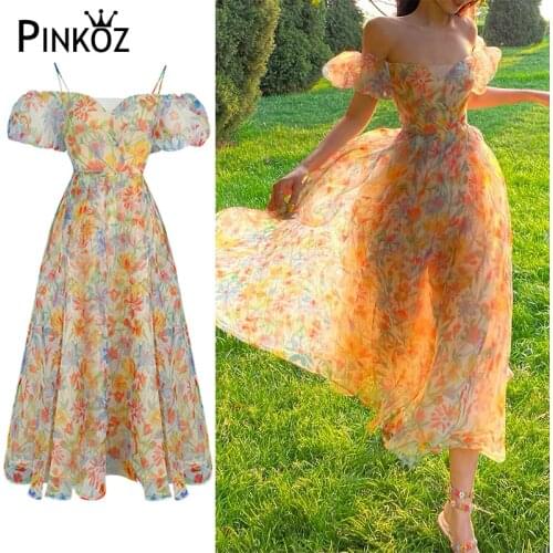 Pinkoz Women Clothing Summer Sexy Fashion Puff Sleeve Floral Lace-up Backless Dress Vestdio Vintage Elegant