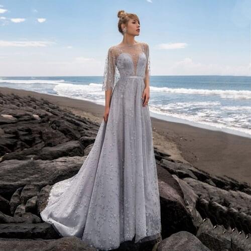 2021 On Sale Classic Silver Lace Prom Party Dresses with 3/4 Sleeves Illusion Boat Neck Wedding Guest Gowns Back Out Bow Belt