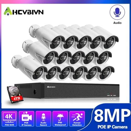 AHCVBIVN 16CH 4K Ultra HD POE CCTV Security System 8MP IR IP66 Waterproof Outdoor IP Camera Plug&Play Video Surveillance Set