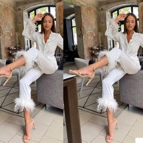 Ostrich Feather Women Blazer Suits Ivory Work Clothes Mother of the Bride Tuxedos Prom Evening Guest Wedding Wear 2 Pieces