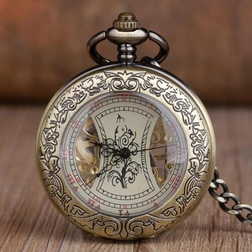 Antique Bronze Glass Transparent Hand Wind Mechanical Pocket Watch Retro Pendant Necklace fob Watch Men Women Clock