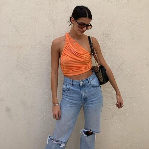 2021 New One Shoulder Crop Top Women Sexy Sleeveless Ruched Tank Top Summer White Black Blue Orange Plain Short Tanks Camis