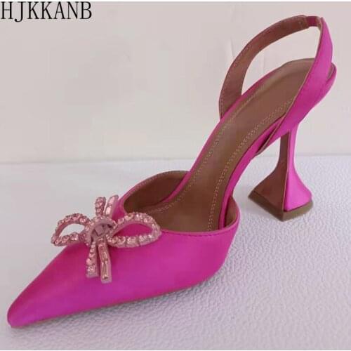 Summer New Pointed Toe High Heel Shoes Women Satin Crystal Bowknot Decor Strange High Heel Pumps Party Banquet Dress Shoes Lady