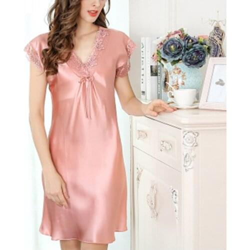 Sexy gown 100% pure Real silk nightgown women for lady home Nightshirt Clothing Home Pink Sleepwear