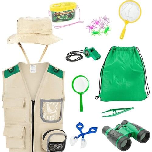 New Kids Outdoor Explorer Kit Outdoor Adventure Camping Toys For Kids Cargo Vest Hat Set Explorer Costume Khaki Playing Clothes