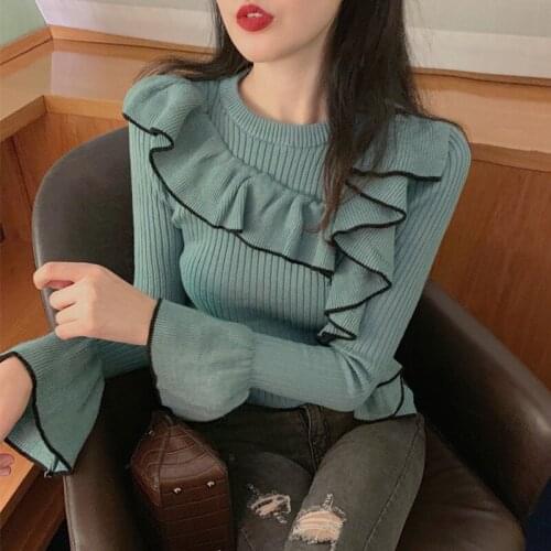 Autumn winter clothes women sweater ruffles sweet Korean style knitted pullovers fashion brand flare sleeve ladies tops new