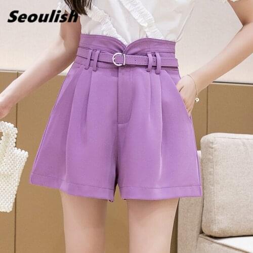 Seoulish Purple Formal Womens Shorts with Belted Summer 2021 New High Waist Office Wide Leg Shorts Elegant Chic Trousers Pocket