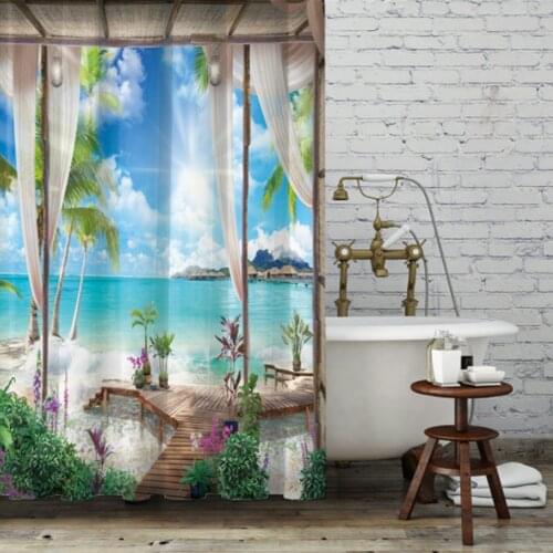 Tropical Bay Printing Shower Curtains Waterproof Bathtub Hanging Curtains with 12pcs Hooks for Bathroom Household Tool