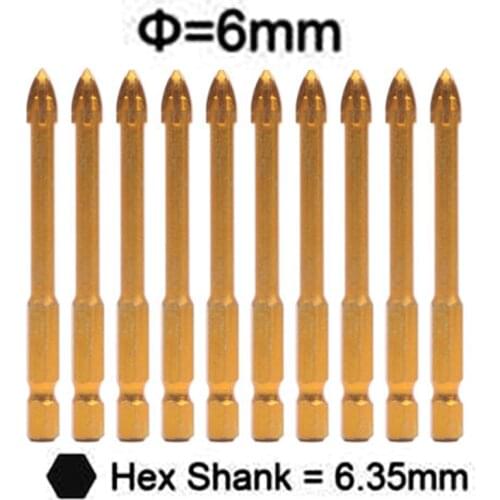 10pcs 6mm Glass Drill Bit Hex Shank For Mable Porcelain Ceramic Tile Concrete Brick Plastic Wood Cross Spear Head