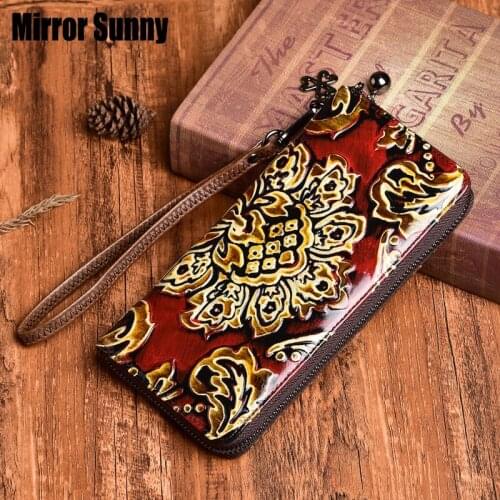 Trend Original Ethnic Style Wallet Retro Hand Brushed Color Cowhide Clutch Bag Embossed Flower Ladies Long Zipper Purse Female