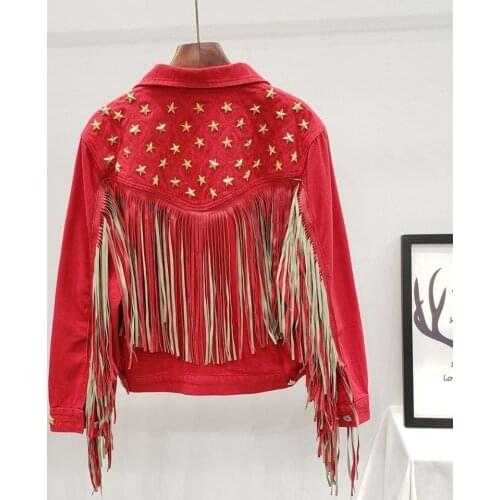 2020 spring and autumn new work five-pointed star rivet tassel coat female personality denim coat tide