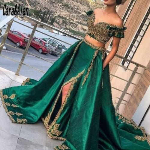 Traditional Tunisian Stryle robe de soirée de mariage Two Pieces Prom Dresses for Women Party Dark Green Arabic Evening Gowns