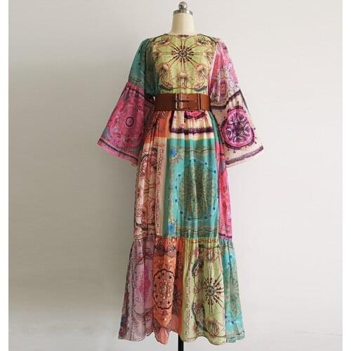 2021 Spring Womens High quality Belt flare sleeves dress Hot fashion print pleated dress B193