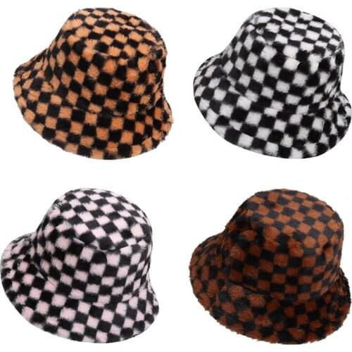 Winter New Black White Plaid Velvet Bucket Hats Outdoor Warm Faux Fur Fishing Caps Women Mens Soft Warm Gorros Mujer Wholesale