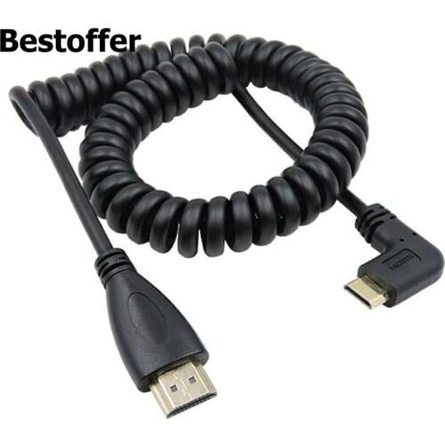 Bestoffer 90 Degree Right Left Angle Mini HDMI Male to HDMI Standard Male Coiled Cable for SLR PC Top Quality