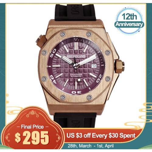 Hruodland Tin Bronze Watch Japan Miyota 9015 Movement C1 Luminous Sapphire Crystal Automatic Mechanical Rubber Strap Mens Watch