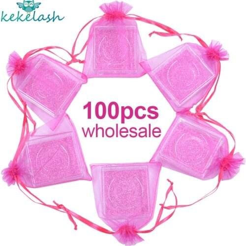 Kekelash Bulk Candy Cute Faux Eyelash Packaging Case Square Clear Colorful Fake Lashes Packing Box with Organza Stawstring Bag