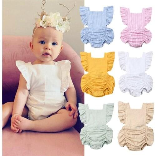 Newborn Baby Girl Ruffles Romper Lovely Baby Girls Summer Sleeveless Backless Romper Cotton Striped/Pure Color Jumpsuit Clothes