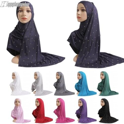 Muslim Long Scarf with Diamonds Jersey Plain Headscarf Islamic Hijab Shawls Arab Headband Wraps Ladies Warmer Neckerchief Stole