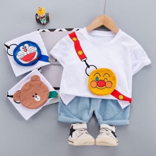 New Summer Baby Boys Girls Fashion Clothes Suits Kids Infant Cute Cartoon Satchel T-shirt +denim Shorts Toddler Cotton Clothing