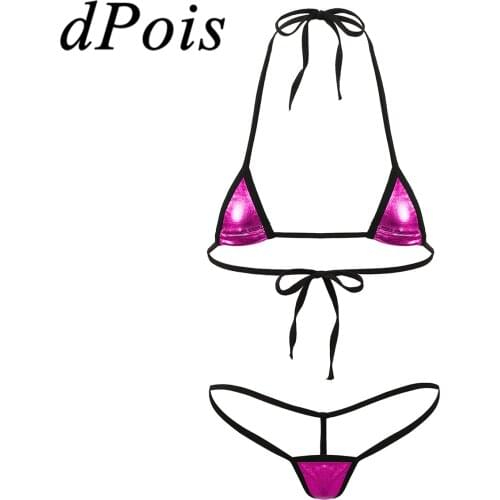 2Pcs Sexy Womens Shiny Metallic Halter Neck Tie-on Bra Top with G-String Thong Briefs Underwear Erotic Mini Bikini Lingerie Set