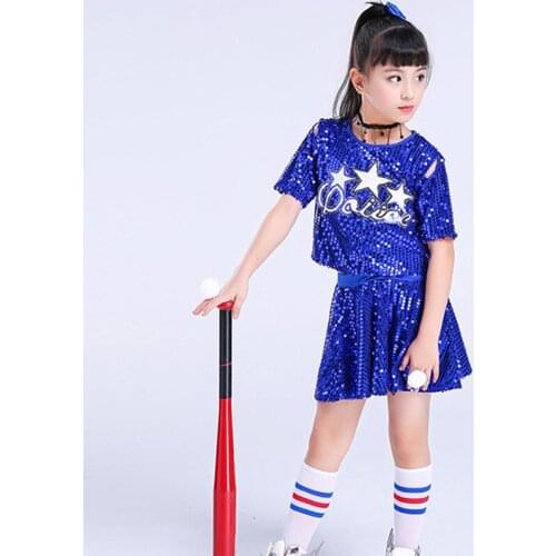 New Kids Girls Stage Performance Hip Hop Jazz Dance Costume Shiny Sequins Crop Tops with Skirt Striped Socks Dancewear Set