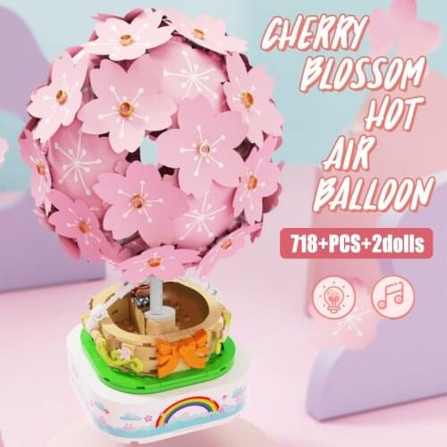 Creative Sakura Hot Air Balloon Friends Building Blocks City Street View Cherry Blossoms Music Box House Brick Toys for Children