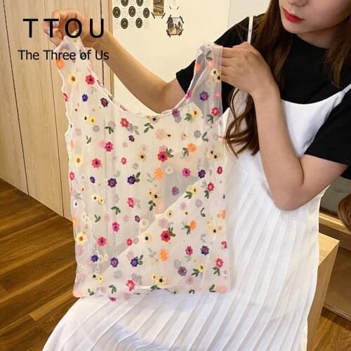 Fashion Flower Embroidery Handbag Organza Casual Tote Mesh Colorful Shopping Bags Woman Handbags Female Casual Lady Shoulder Bag