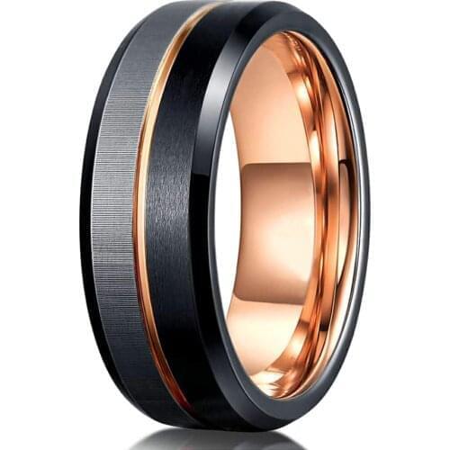 Fashion 8mm Men Silvery Black Brushed Stainless Steel Ring Rose Gold Line Groove Beveled Edge Ring Mens Wedding Band Wholesale