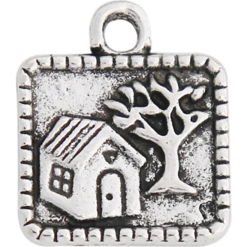 RAINXTAR Fashion Antique Silver Color Alloy Square Charms With House and Tree Raised Home Charms 14*16mm 100pcs AAC1771