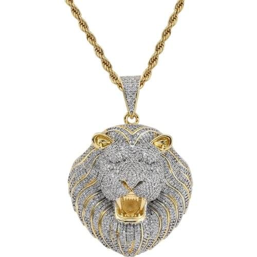 Lion Head Pendant Necklace For Mens Iced Out Micro Pave Cubic Zircon Hip Hop Jewelry Fashion Design Rock Fashion Jewelry Gift