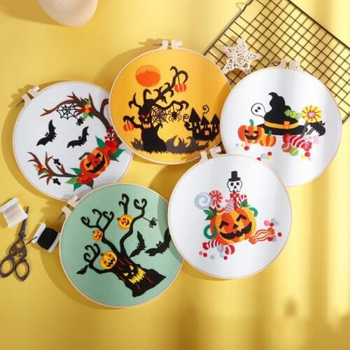 Halloween DIY Embroidery Art Kit for Beginner Needlework Pattern Printed Cross Stitch Set Sewing Art Craft Painting Home Decor