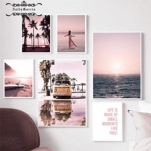 Pink Ocean Nature Scenery Nordic Canvas Painting Beach Landscape Picture Wall Art Poster and Print for Home Living Room Decor