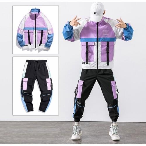 2021 Hip Hop Workwear Jacket Mens Tracksuit Jacket+Pants 2PC Sets Baseball Loose Zipper Ribbons Coat & Long Pants Mens Clothes