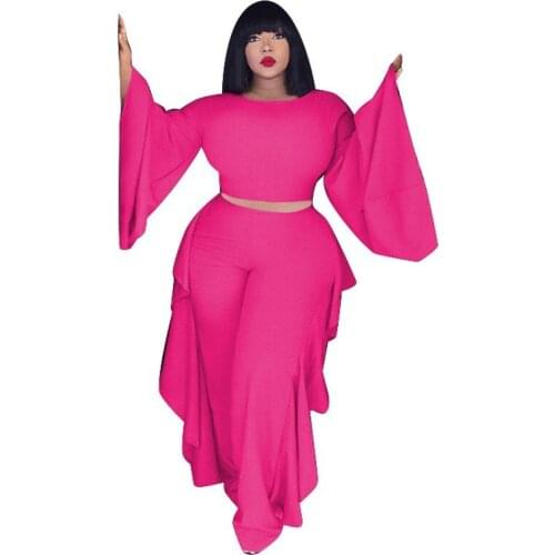 Pure Color Trousers Suit Flared Sleeve Top Wide Leg Pants Two-Piece Set Autumn Ruffled Loose Large Size African Womens Clothing