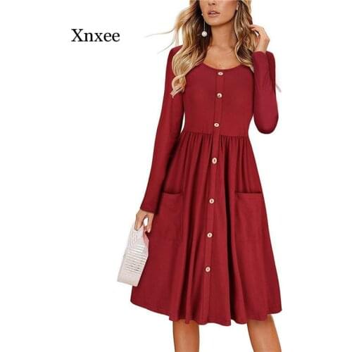 Autumn Womens New Solid Color Long-Sleeved Mid-Length Dress Casual O-Neck Foldable Slim Work Clothes Ladies Fashion Pocket Butt