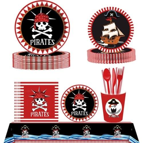 Pirate Paper Plate Cup Napkin Straw Tablecloth Gift Bag Kids Happy Birthday Party Decoration Disposable Tableware Supplies