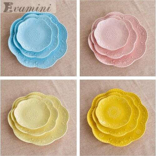 Multicolor Cake Plates-Ceramic Glaze Western Dish-Flat Plates-Steak Plate-Lace Buffet Tray-Round Tray