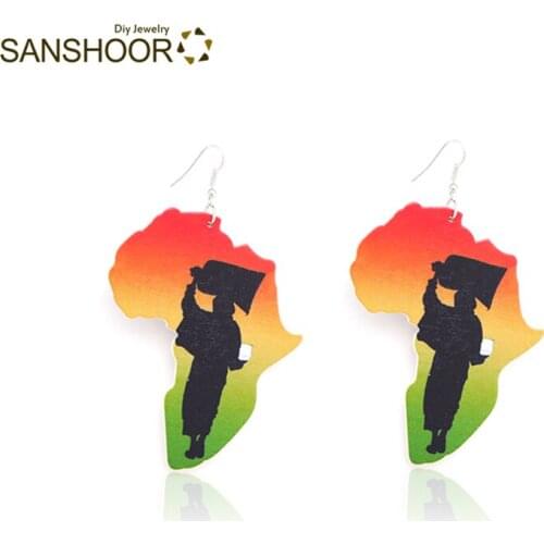 SANSHOOR Afro Wooden Earrings Ethnic African Black Culture African Map Natural Wood Drop Earrings 1 Pair