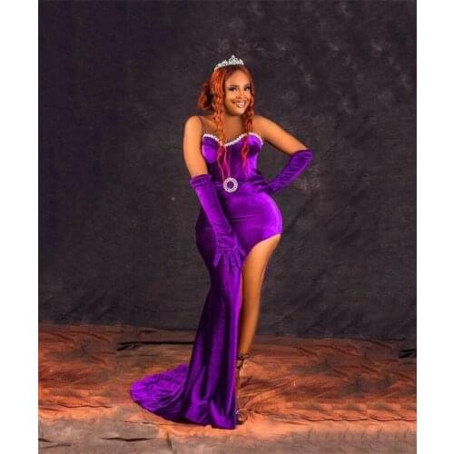 Sexy Purple Spaghetti Strap Prom Dresses Without Gloves Split Evening Dress Custom Made Floor Length Party Gown