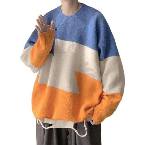 Stitched sweater jacket men loose lazy sweater Korean version of the trend winter warm and thick sweater ins port wind
