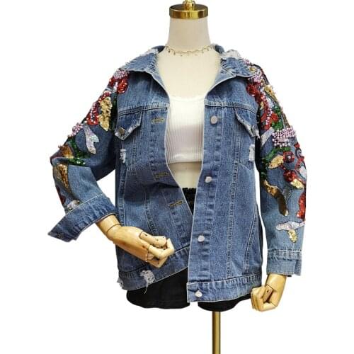 Street Style Women Chic Fashion Casual Denim Jacket Coat Sequins Beading Frayed Hole Jeans Outwear Female Autumn Loose Outerwear