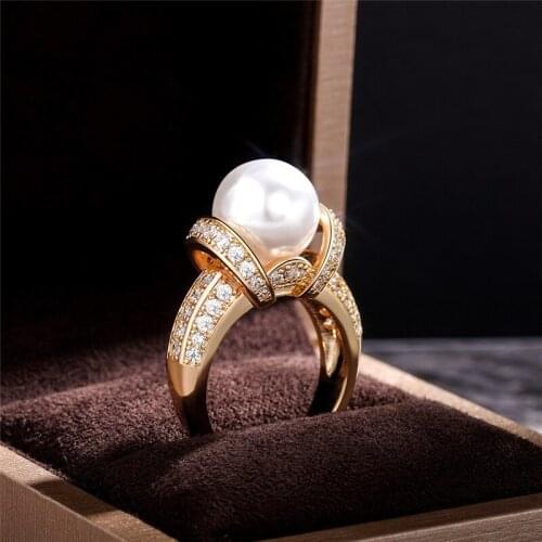 YOUHAOCC New Style Elegant Temperament Zircon Pearl Ring Ladies Gold-plated Ring Exquisite Wedding Jewelry Engagement Ring