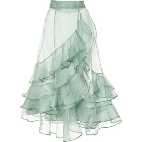 2020 Mint Green See Thru Mermaid Tulle Skirts Women Zipper Ruffles Tiered Mid Calf Wrap Tulle Skirt Maxi Skirt Summer