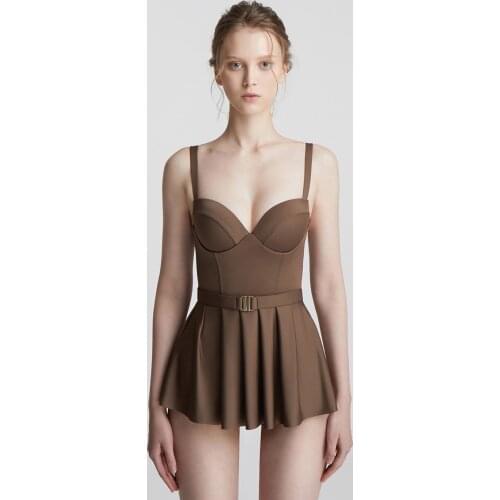 Women Pleated Skirt One Piece Swimsuit Solid Low Cut Swimwear Monokini Strap Swim Suit Korea Style Belt Bathing Suit Padded