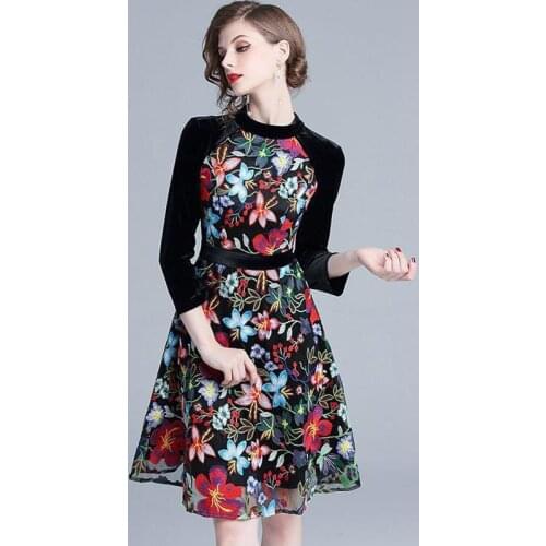 Spring Autumn Womens Fashion Velvet Patchwork Embroidery Flower Dress , Casual Slim High Waisted Ruffled Dresses for Woman