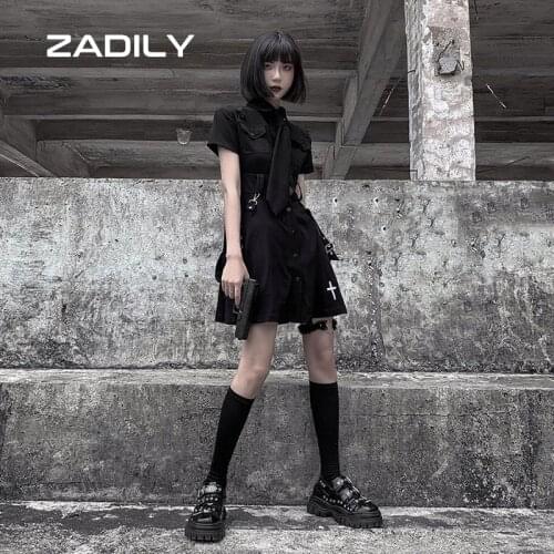 ZADILY Street Style Tie Button Up Women Shirt Dress Y2K Short Sleeve Ladies Gothic Black Mini Dresses 2021 Summer Party JK Dress