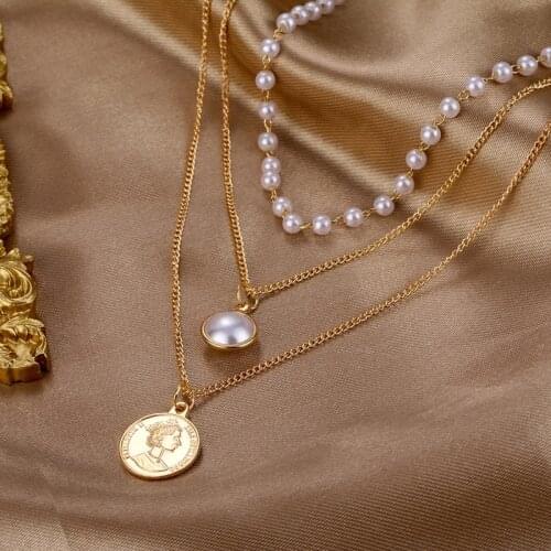 2021 New Fashion Vintage Multi-layer Pearl Coin Chain Necklace Choker Chain Pendant For Women Jewelry Girl Gift