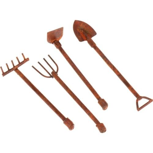 4Pcs/set 1:12 Scale Dollhouse Miniature Shovel Hoe and Pitchfork Farming Tools Fairy Garden Accessories Furniture Toys