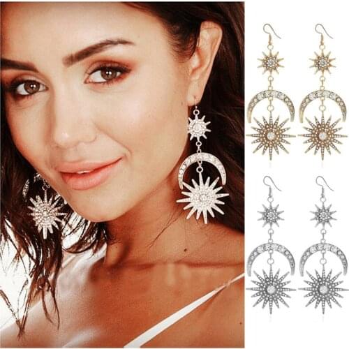 Large Star Moon Sun Charm Dangle Earrings Spike Drop Rhinestone Punk Jewelry